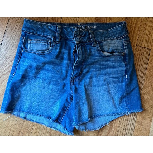 American Eagle Women's Hi Rise Shortie Denim Cut Off Shorts Size 8 Super Stretch - Picture 1 of 5